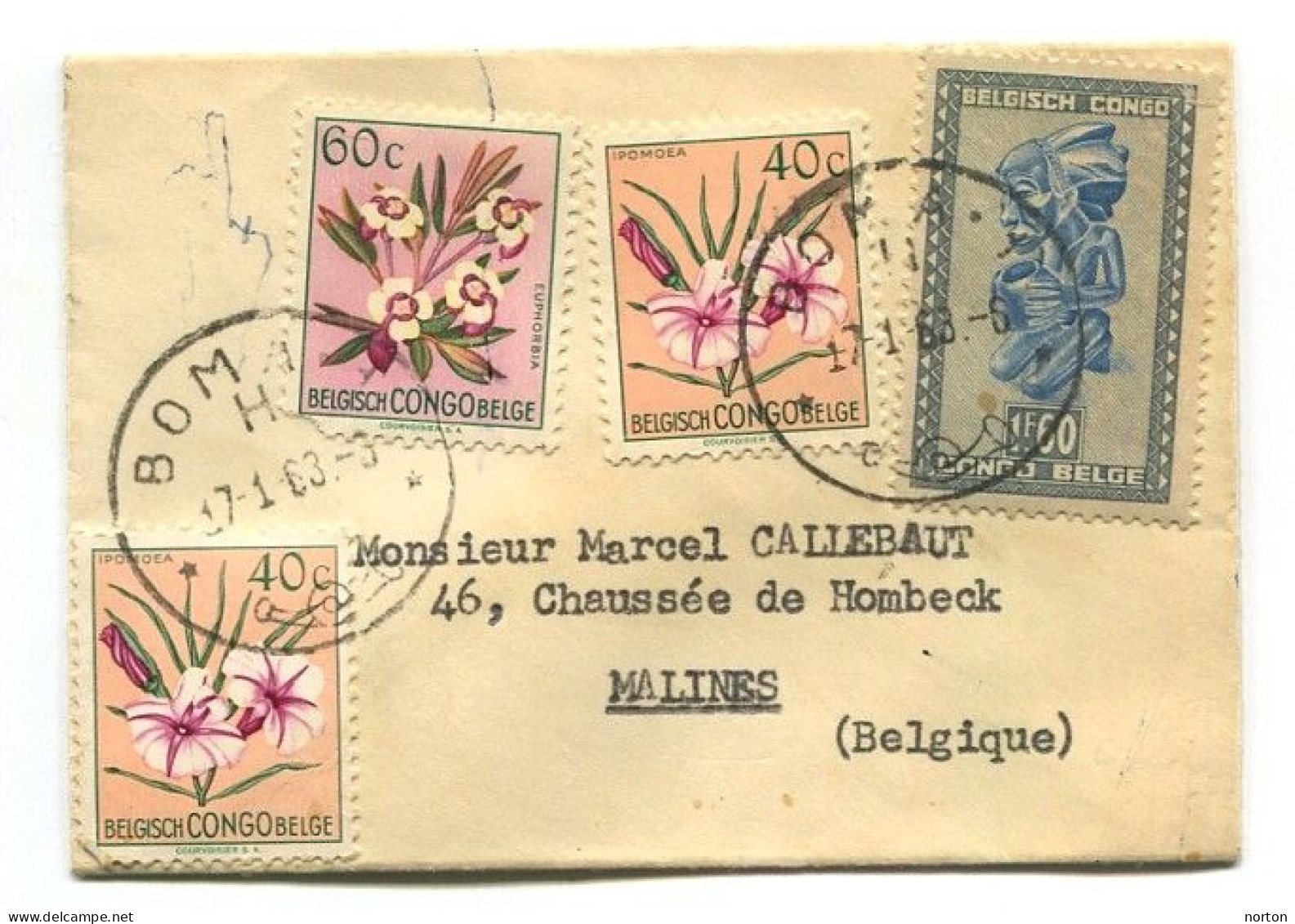 Congo Boma 1 Oblit. Keach 11(H)1 Sur C.O.B. 286B+306(x2)+308 Sur Lettre Vers Malines Le 17/01/1953 - Lettres & Documents