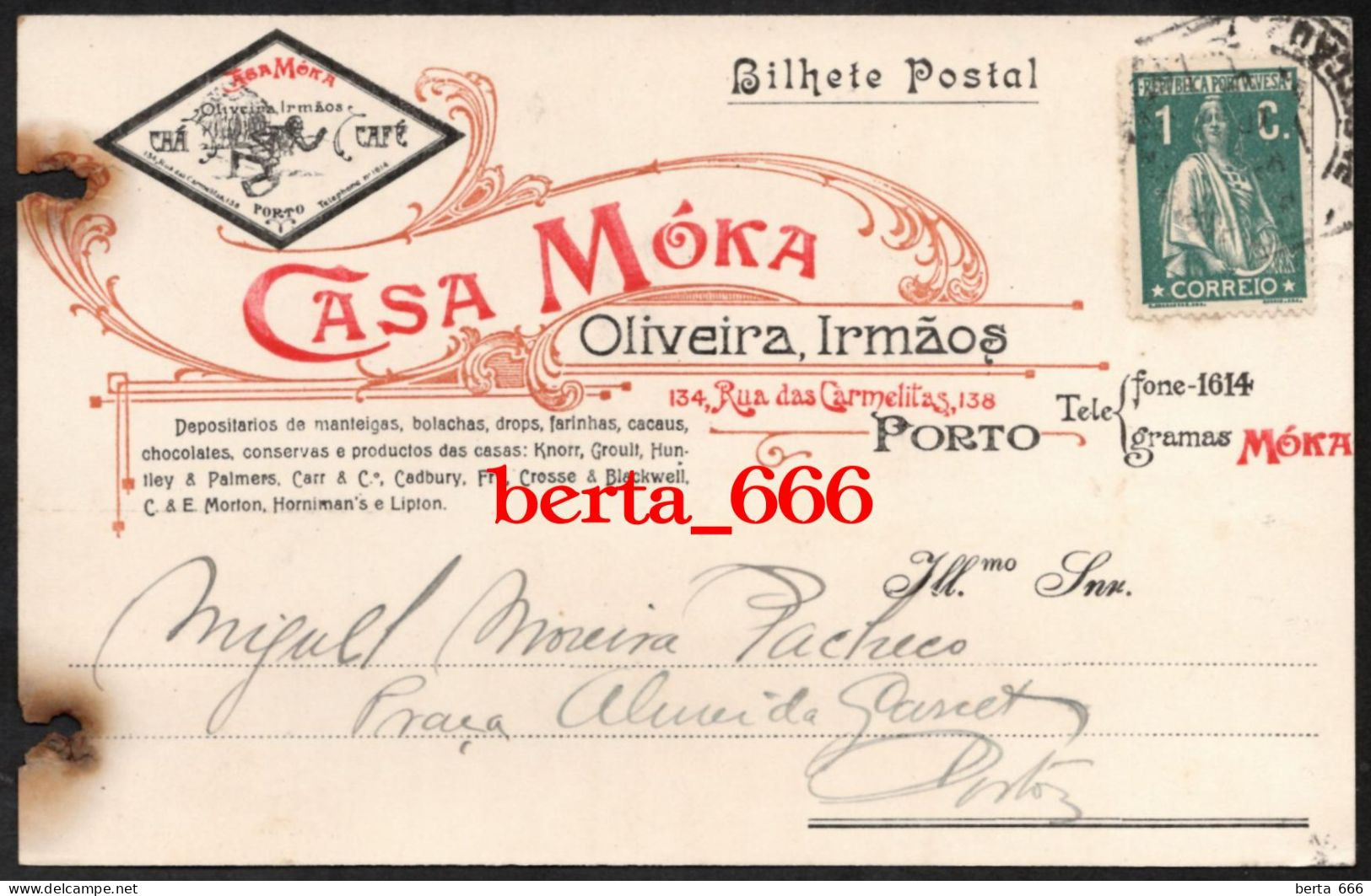 Bilhete Postal Publicitário * Casa Móka * Chá - Café * Porto * Circulado 1916 - Porto
