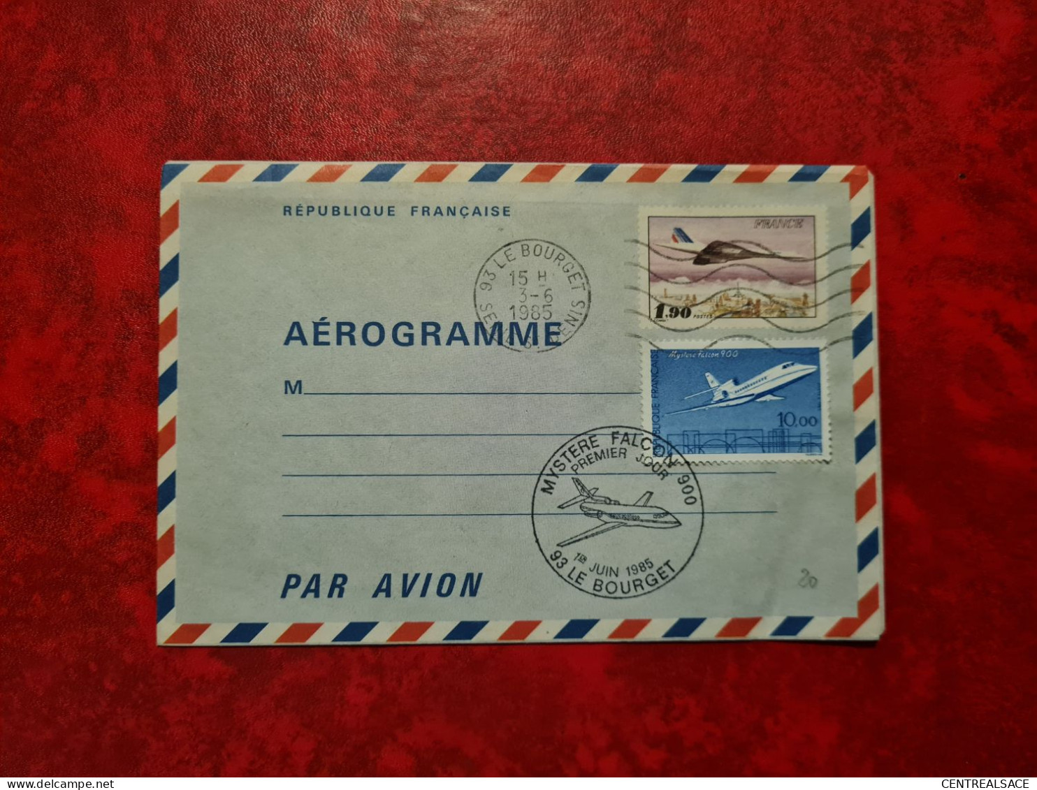 AEROGRAMME 1985 CONCORDE LE BOURGET MYSTERE FALCON 900 - Aerogramme