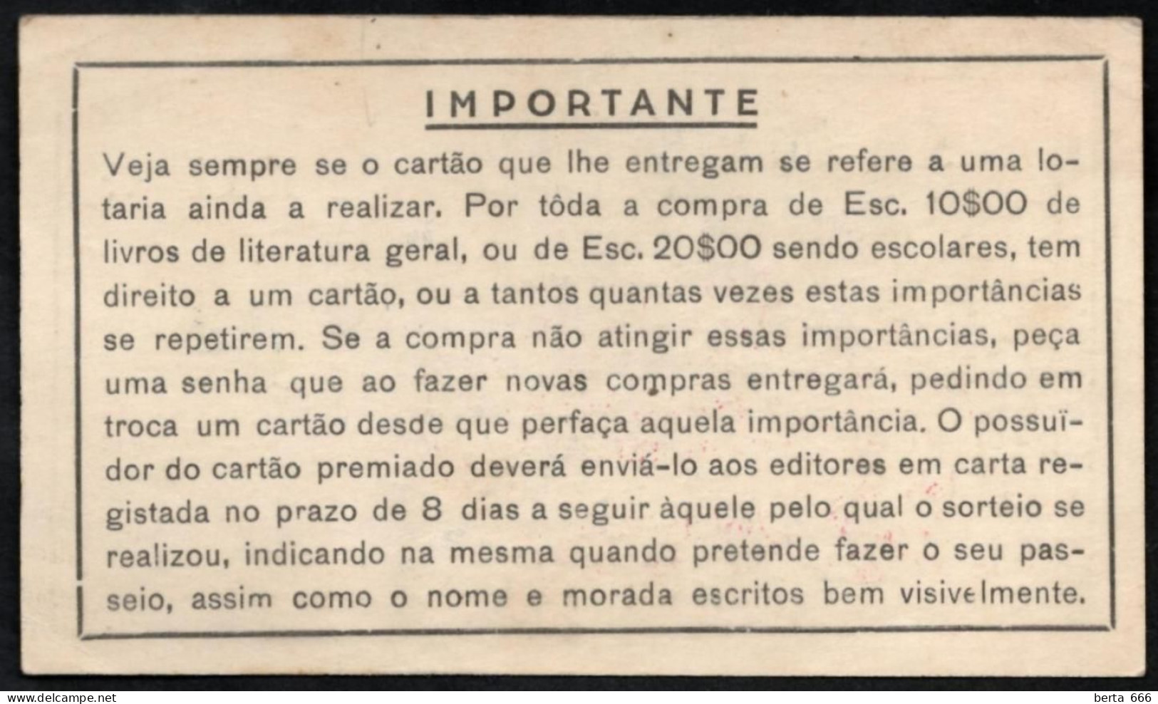 Cartão De Sorteio * Livraria Lello * Rua Das Carmelitas * Porto * Lotaria De 15.08.1931 - Loterijbiljetten