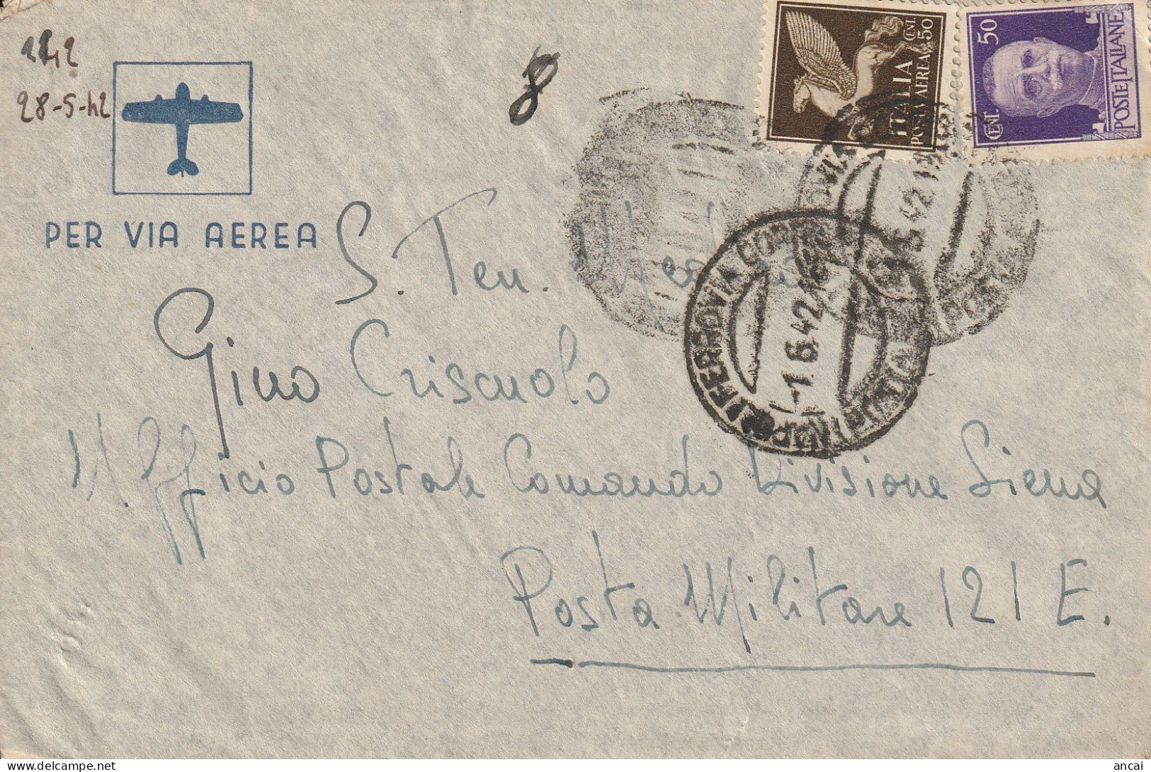 Italy. A208. Napoli. Lettera Per POSTA MILITARE 121, Per Via Aerea. Guller NAPOLI FERROVIA CORRISP. (POSTA AEREA) - 1939-45