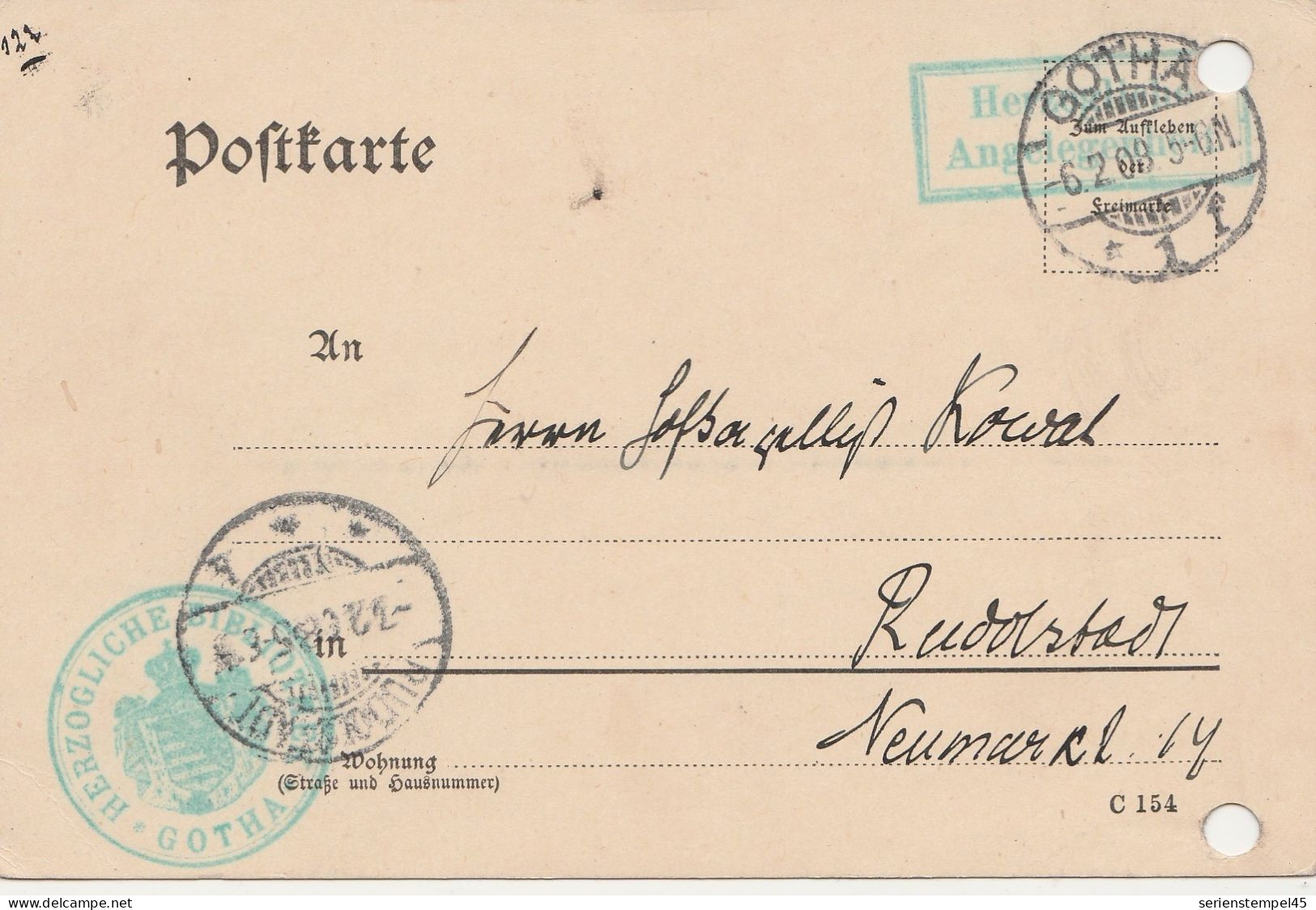 Deutsches Reich Dienstkarte Goha Nach Rudolstadt 1908 - Oficial