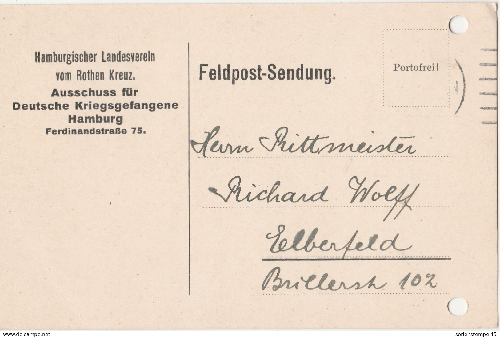 Deutsches Reich Feldpost Sendung Vom Rothen Kreuz Deutsche Kriegsgefangene Hamburg 1915 - Kriegsgefangenenpost