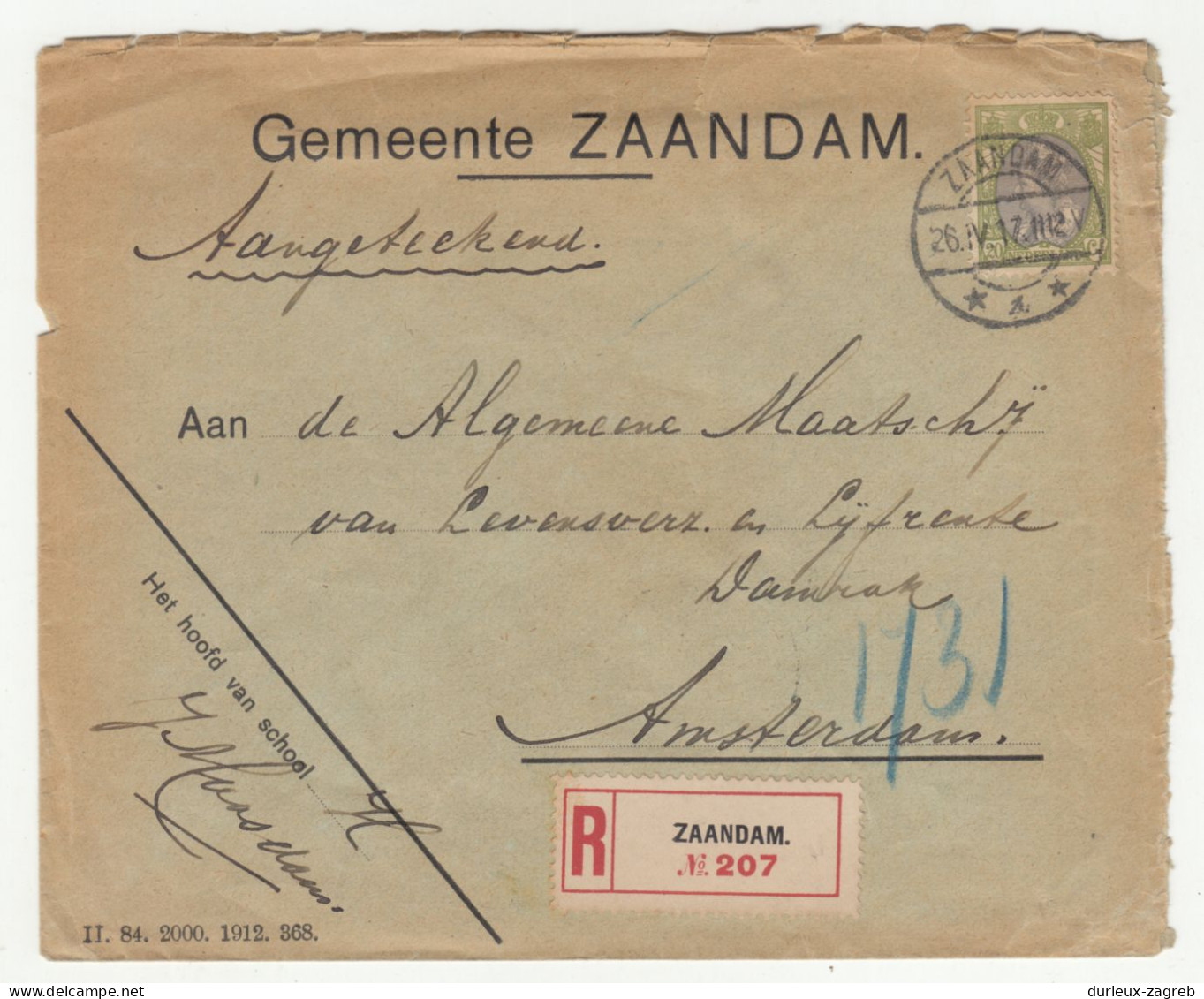 Emeente Zaandam Letter Cover Posted Registered 1917 B240503 - Cartas & Documentos
