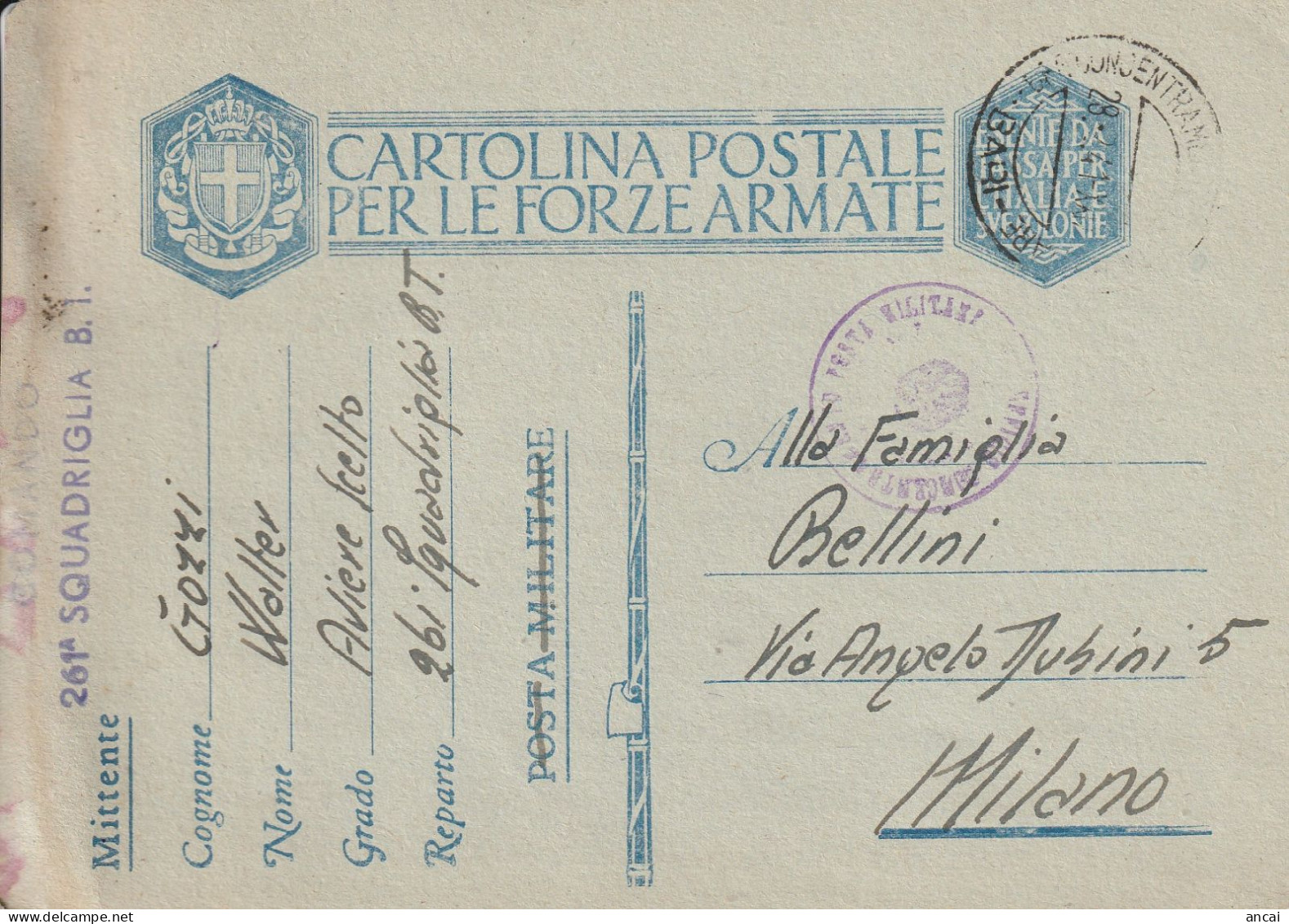 Italy. A208. Grottaglie. 1941. Cartolina Postale Da Aviere Scelto 261^ SQUADRIGLIA B.T., Per Milano. - 1939-45