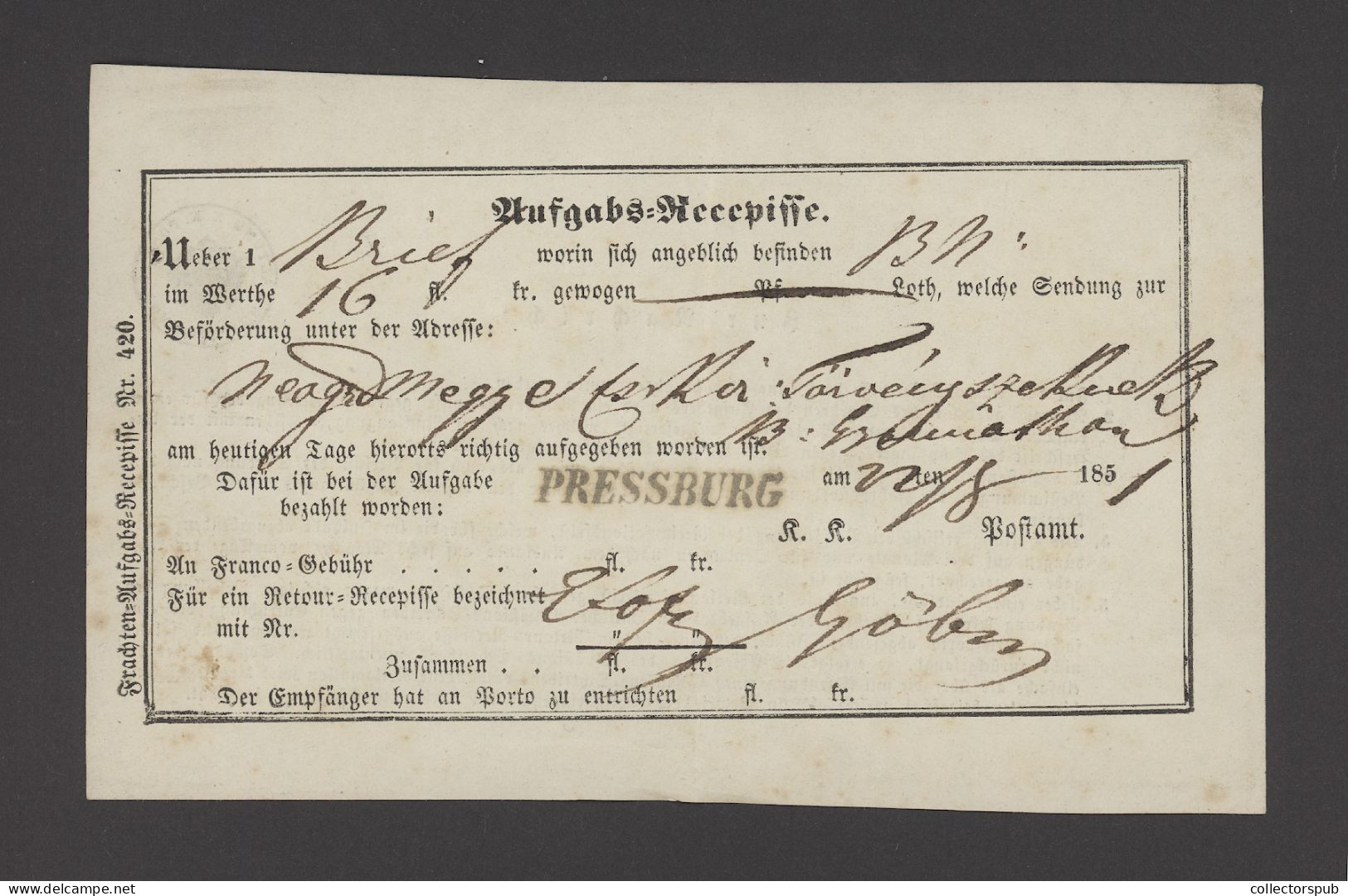 POZSONY / PRESSBURG  Nice Recepisse 1851 - ...-1867 Prefilatelia