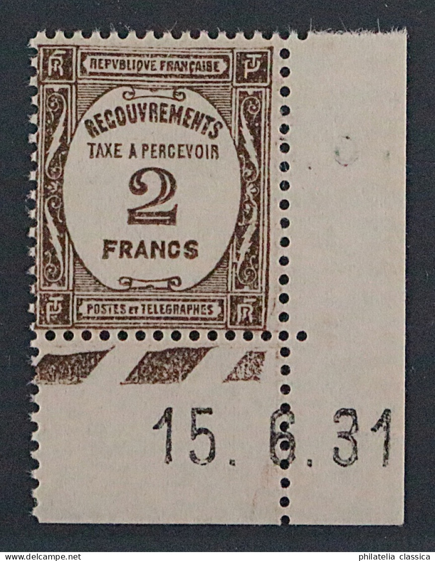 Frankreich PORTO 66 ** 2 Fr. Braun, Eckrand + DRUCKDATUM, Postfrisch, KW 675,-€ - 1859-1959 Neufs
