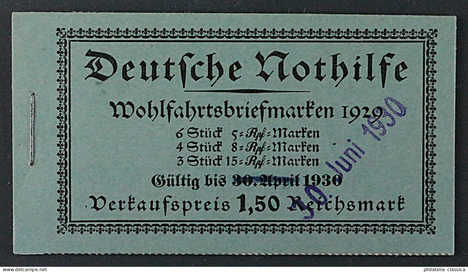 MARKENHEFTCHEN 28.2 ** Nothilfe 1929 Korrigiertes Datum, Postfrisch, KW 1100,- € - Markenheftchen