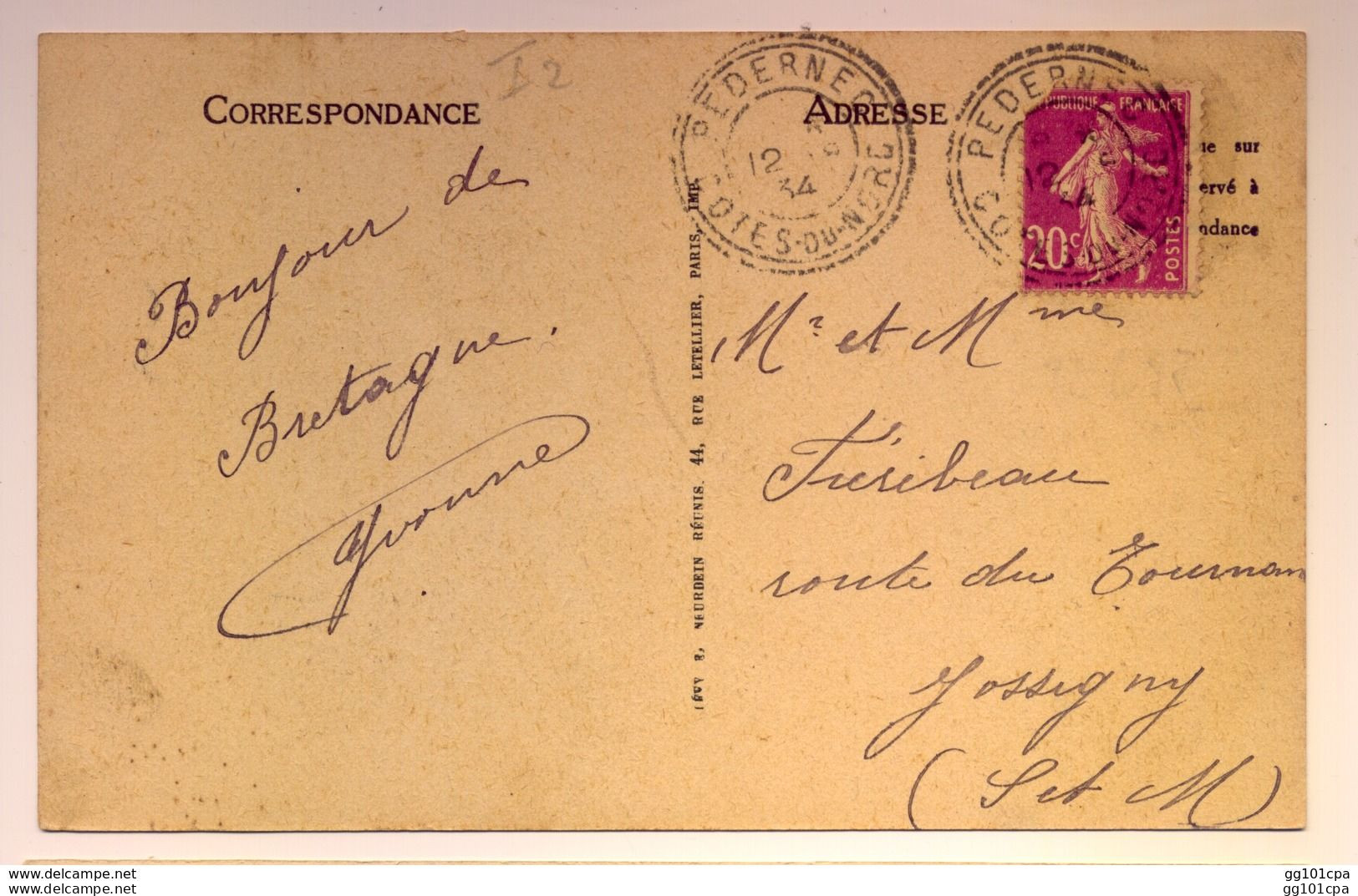 Rare Cachet Perlé "Pédernec Cotes Du Nord 1934" Semeuse Frappe Superbe CP Guingamp  - Paiement Par MANGOPAY Seulement - Manual Postmarks