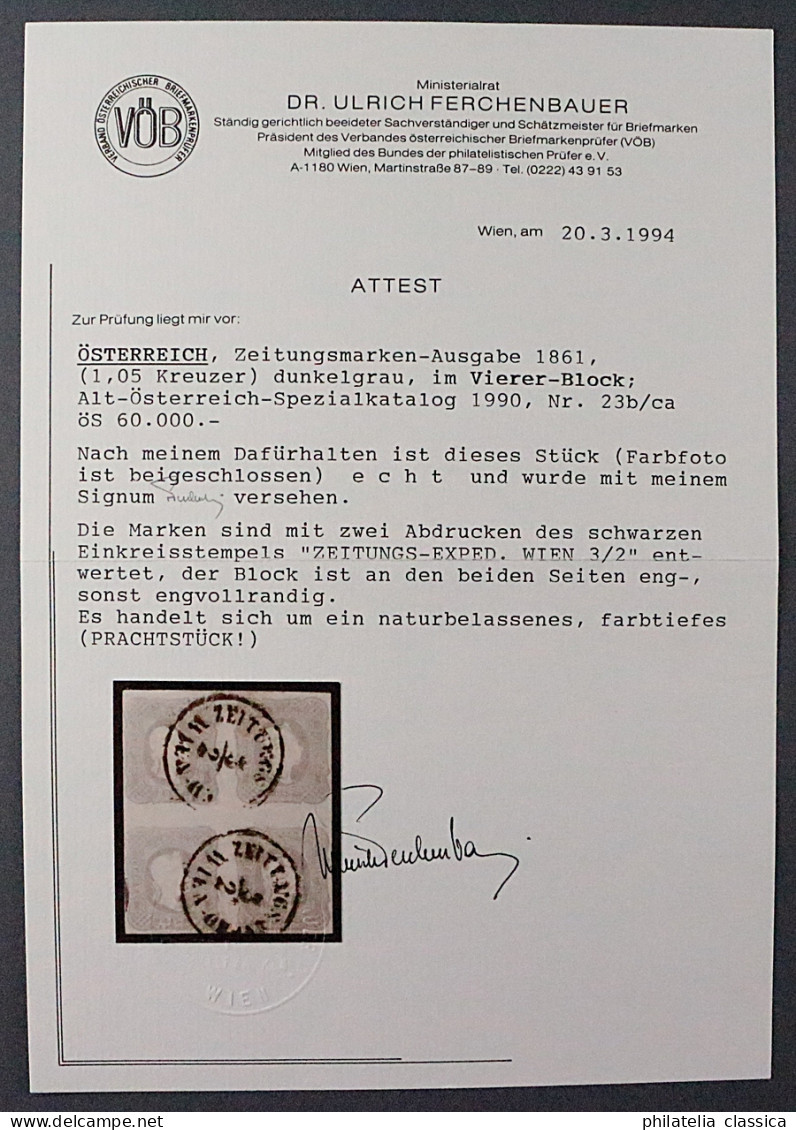Österreich 23 B, VIERERBLOCK Zeitung 1,05 Kr. Dunkelgrau, Fotoattest KW 9000,- € - Oblitérés