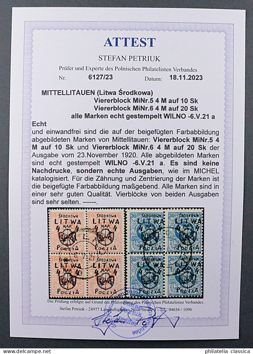 MITTELLITAUEN 5+6,  2 X Viererblock Mit Zentrischem Stempel, SELTEN!! KW 800,- € - Litauen