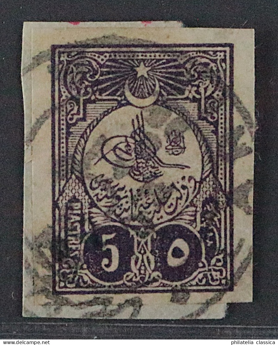 1908, Türkei 140 U, Tugra Großer Kreis 5 Pia. UNGEZÄHNT, Auf Briefstück, SELTEN - Oblitérés
