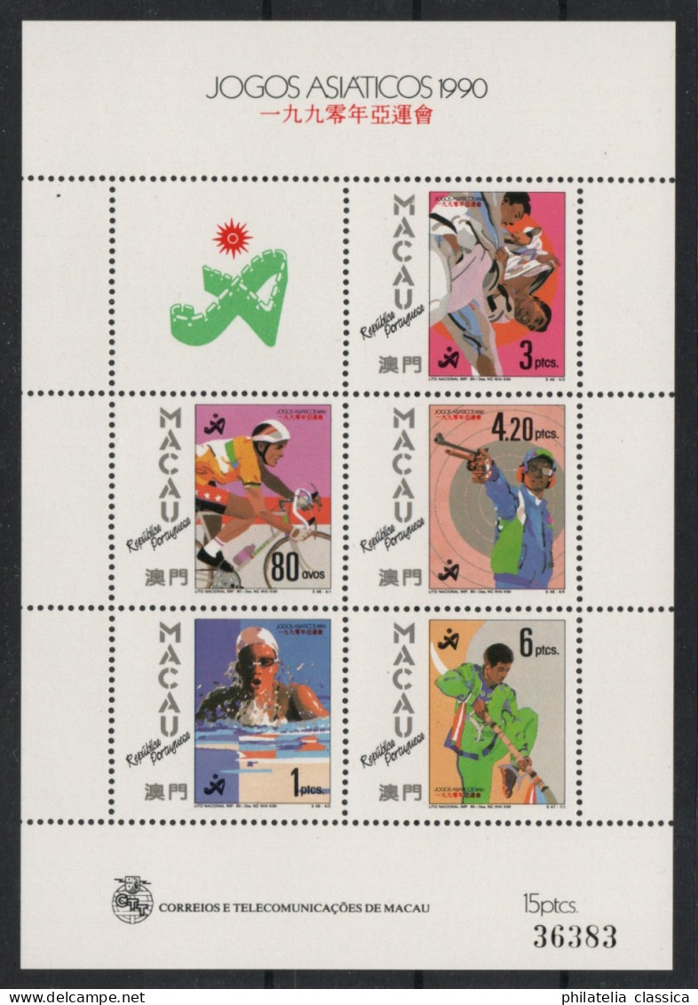 1990 MACAU / MACAO Bl. 15 ** Block Asienspiele, Einwandfrei Postfrisch 60,-€ - Unused Stamps