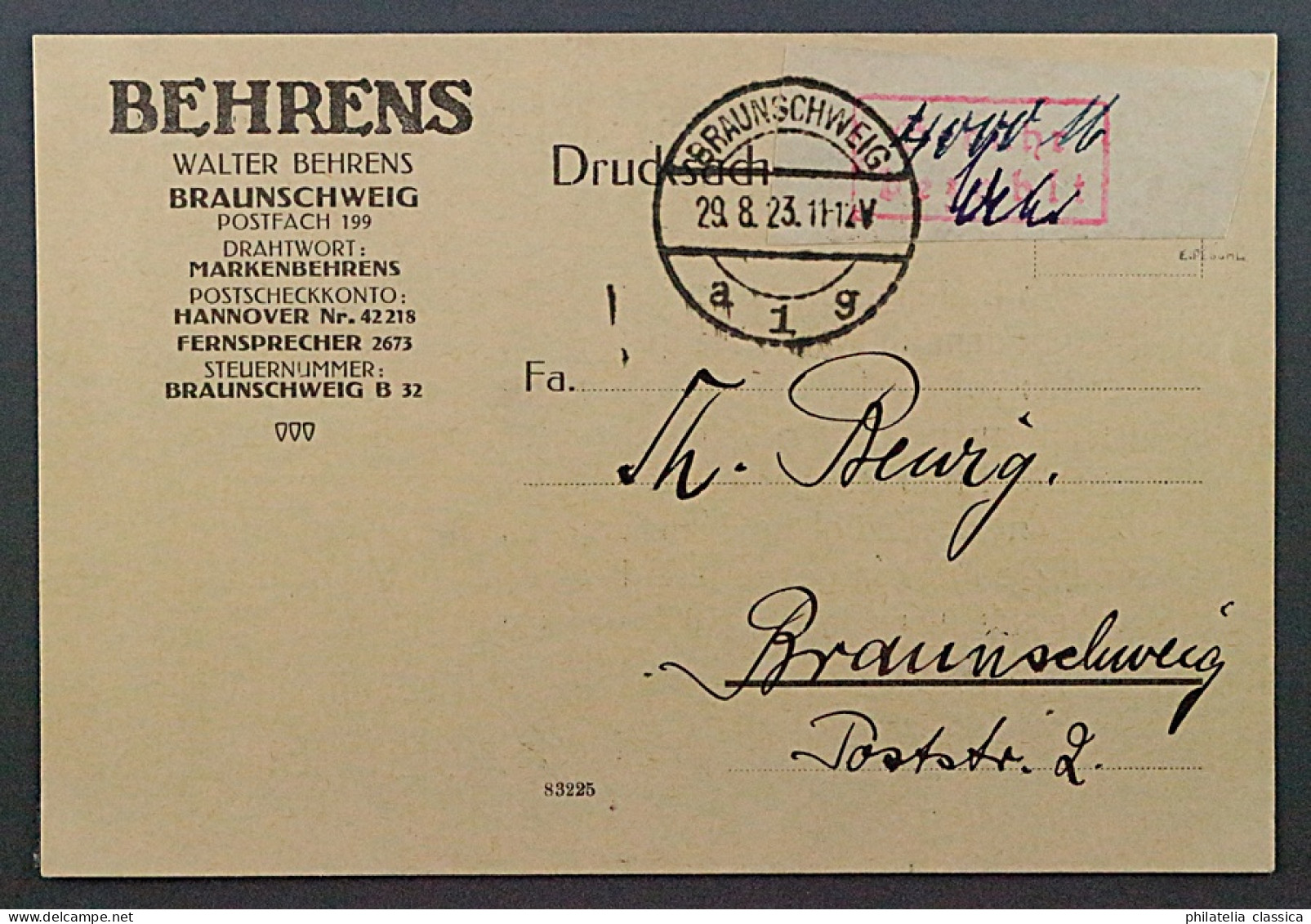 BRAUNSCHWEIG 2 B, Gebührenzettel Auf Ortspostkarte, SELTEN, Geprüft BPP 200,-€ - 1922-1923 Emissions Locales