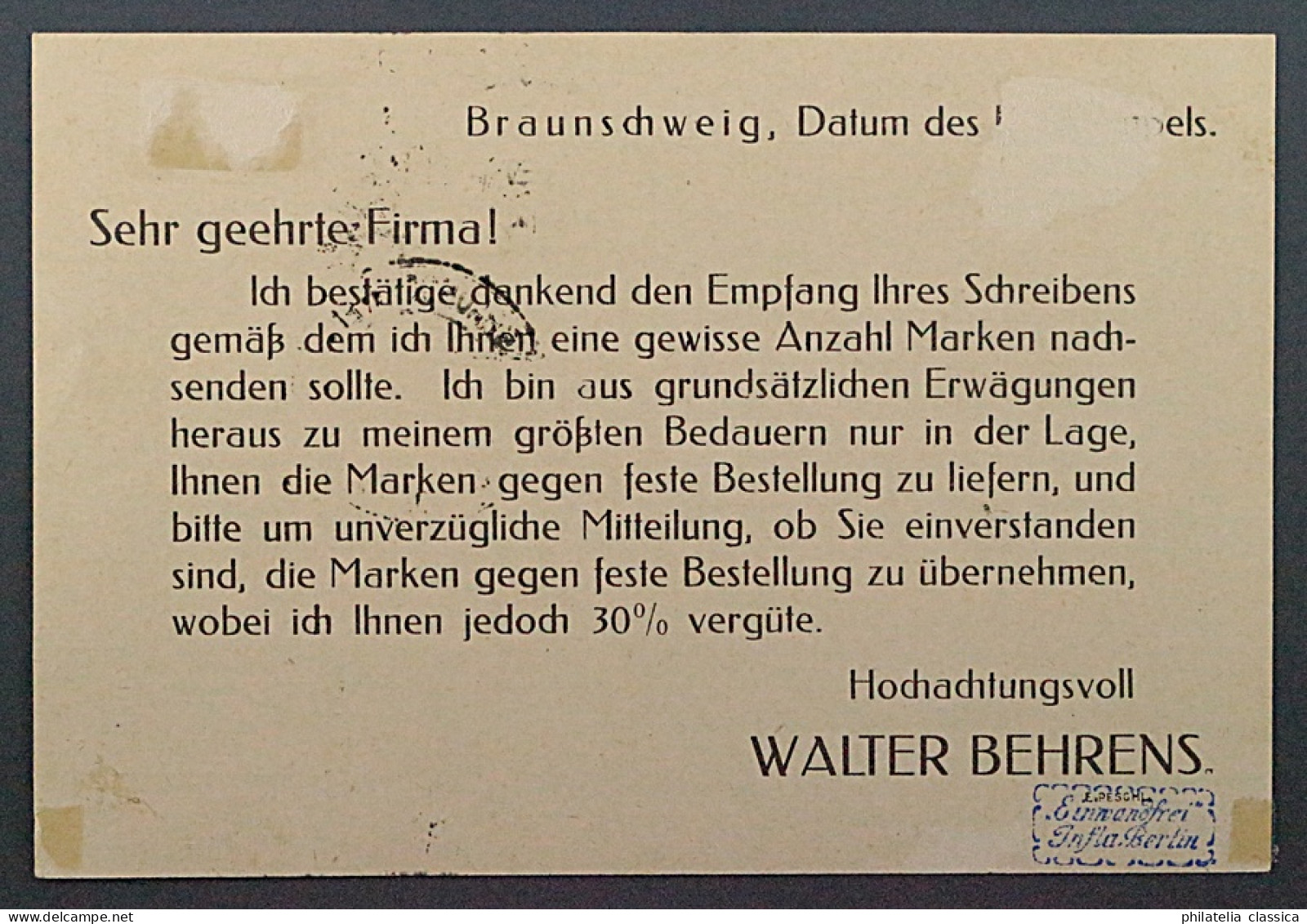 BRAUNSCHWEIG 2 B, Gebührenzettel Auf Ortspostkarte, SELTEN, Geprüft BPP 200,-€ - 1922-1923 Emissioni Locali
