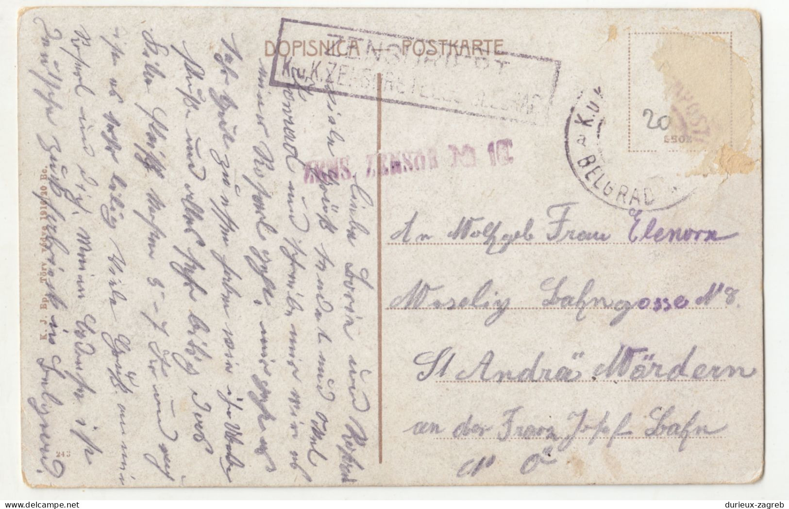 Beograd Kalemegdan Old Postcard Posted 191? Censored B240503 - Serbia