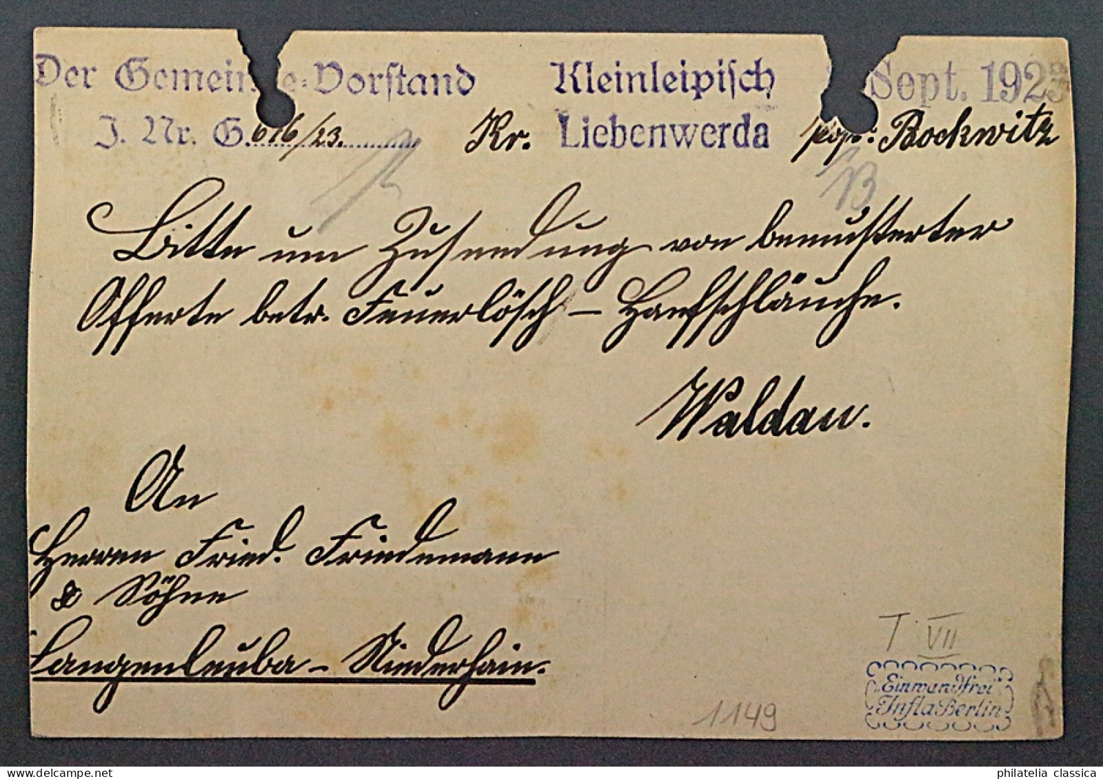 1923, HALLE 1 IIa, Gebührenz. Karmin, Kleine Schrift, Auf Karte,geprüft, 1800,-€ - 1922-1923 Emissions Locales