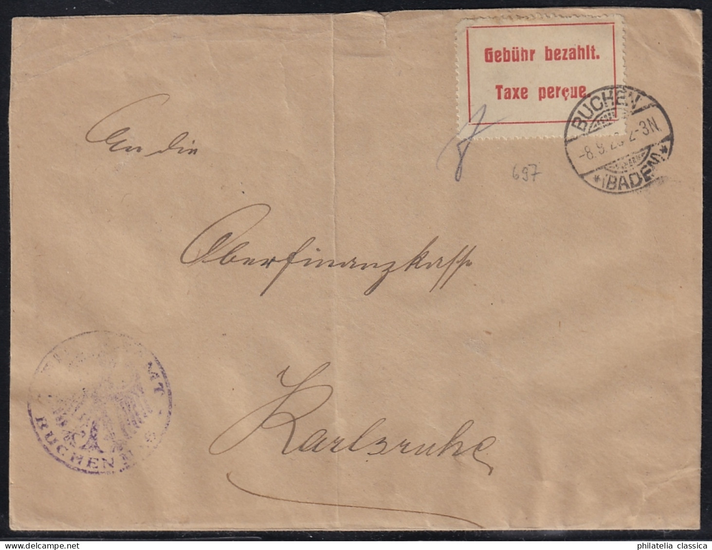 1923, KARLSRUHE Gebührenzettel Type IIa *kleines C* Auf Brief, RARITÄT, 1000,-€ - 1922-1923 Local Issues