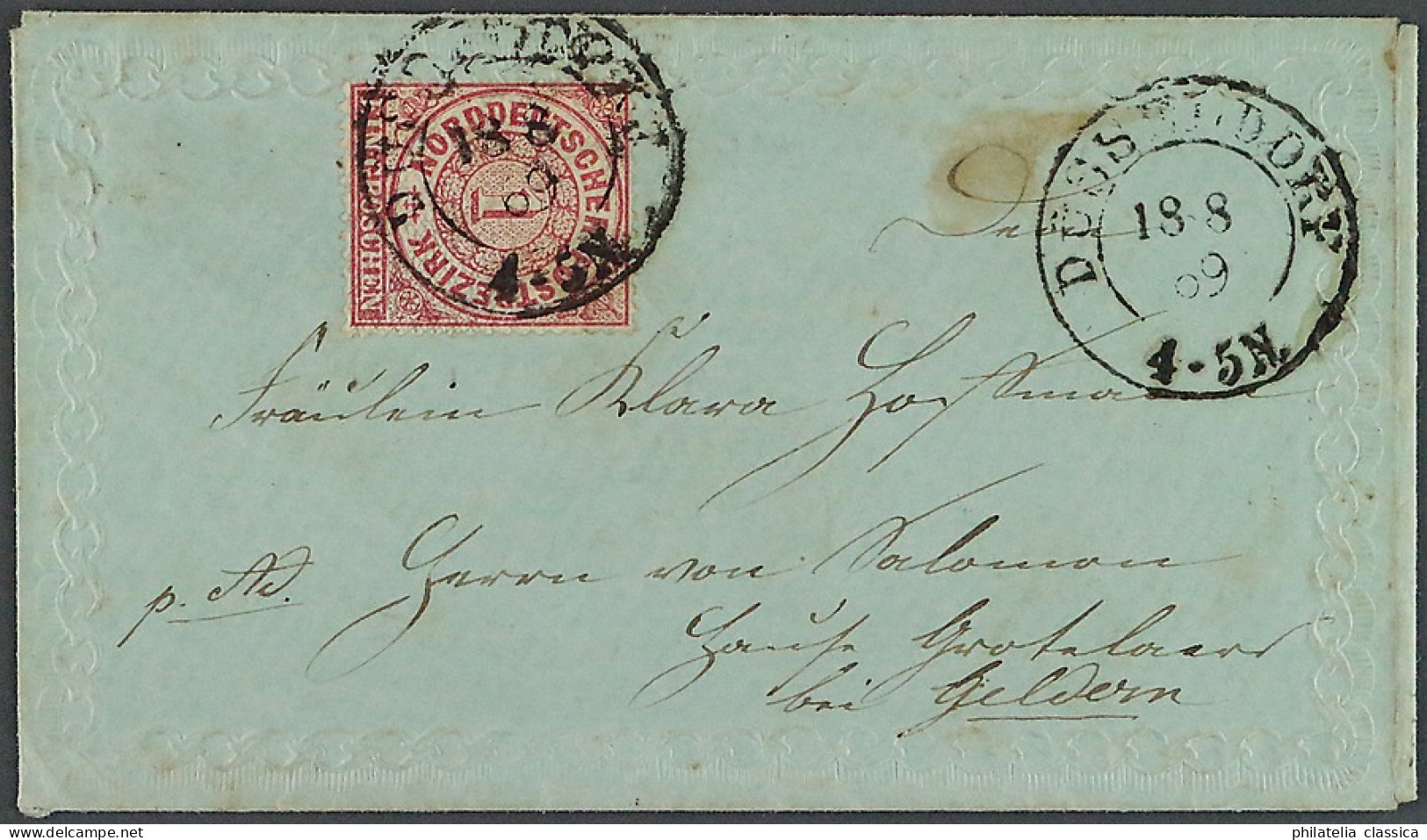 Norddt. Bund, 1869, Zartblaues Damenbriefchen Mit ZIERBORTEN, Liebhaberstück - Briefe U. Dokumente