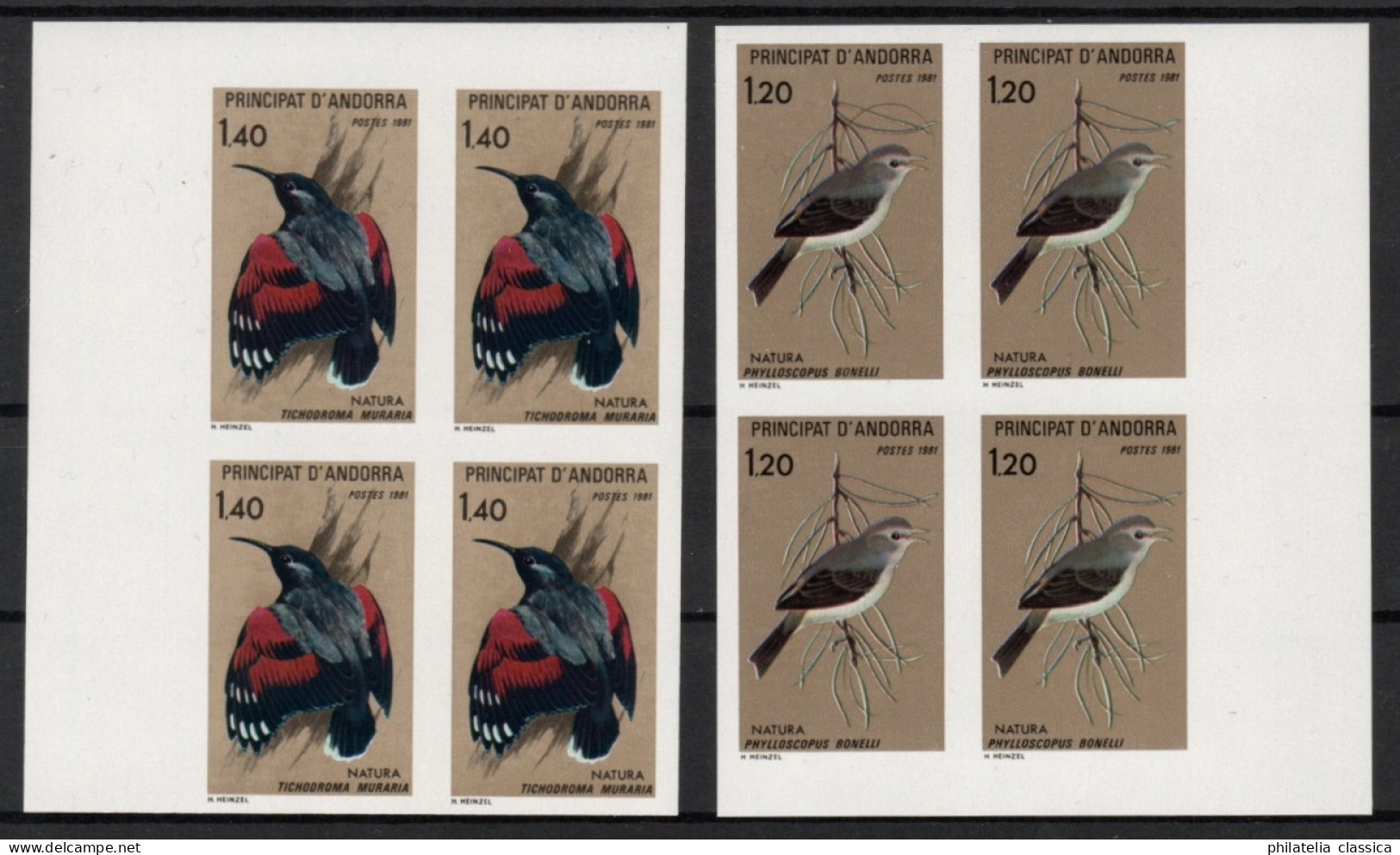 ANDORRA Französisch 315-16 U Viererblock ** Vögel UNGEZÄHNT, Postfrisch, Selten - Unused Stamps