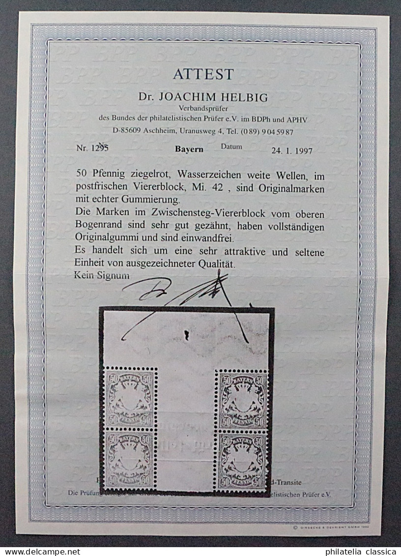 Bayern 42 ZW ** Wappen 50 Pfg. Rot ZWISCHENSTEG-VIERERBLOCK, Geprüft, KW 1400,-€ - Ungebraucht