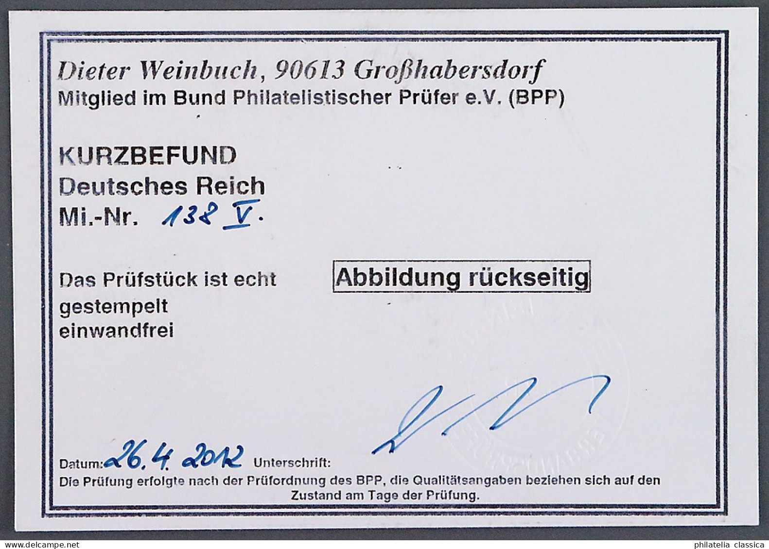 Dt. Reich  138 PF V,  PLATTENFEHLER  "Apostroph", Gestempelt, Geprüft KW 200,- € - Gebraucht