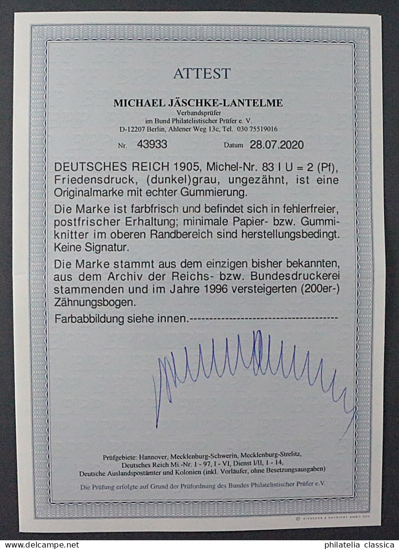 Dt. Reich  83 I U ** Germania Friedensdruck UNGEZÄHNT, Fotoattest KW 2500,- € - Unused Stamps