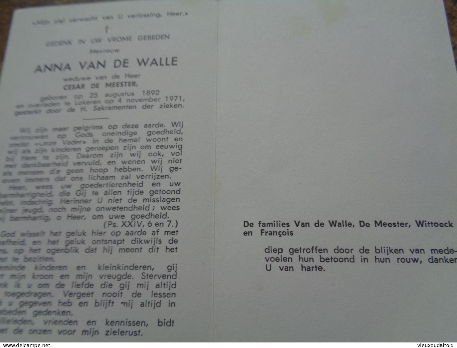 Doodsprentje/Bidprentje  ANNA VAN DE WALLE   1892-1971 Lokeren  (Wwe Cesar DE MEESTER) - Religion & Esotericism