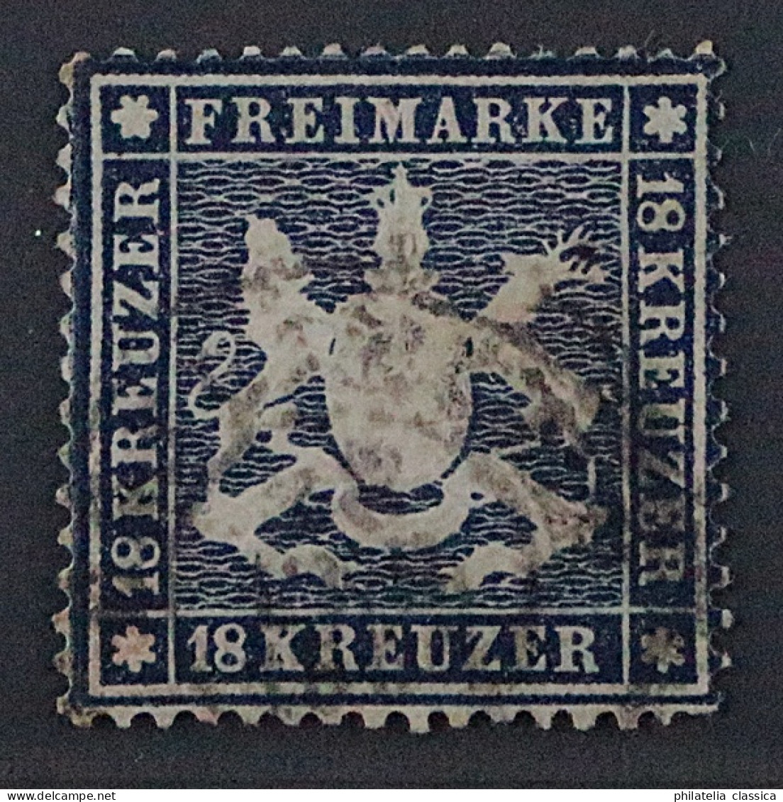 1861, WÜRTTEMBERG 20 Y, 18 Kr. Dunkelblau, Enge Zähnung, SELTEN, Geprüft 2800,-€ - Usati