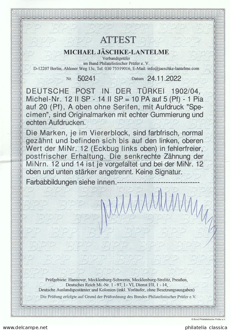 Dt. Post TÜRKEI 12-14 II SP ** A Mit Dach ! SPECIMEN-Aufdrucke, Geprüft, 1260,-€ - Turkey (offices)