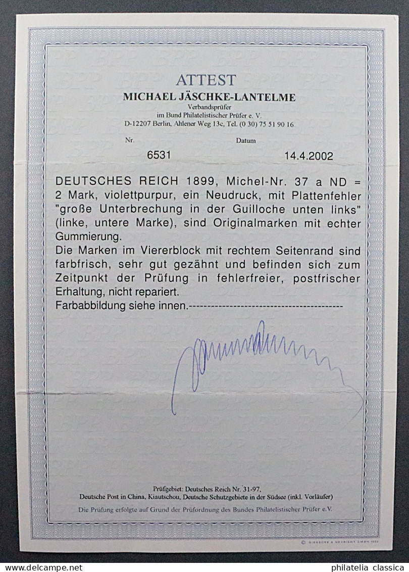 Dt. Reich 37 A ND ** PLATTENFEHLER, LUXUS-VIERERBLOCK, Fotoattest BPP, 4800,-€ - Ungebraucht