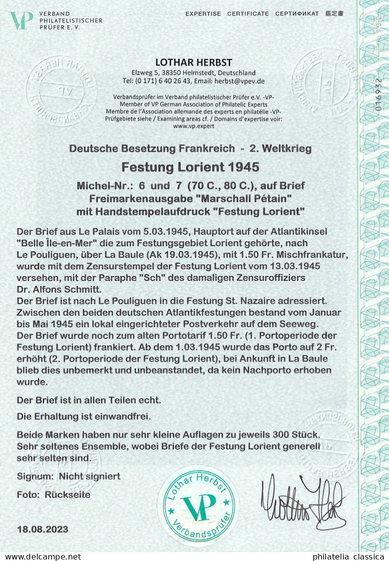 FESTUNG LORIENT 6+7, Petain 70+80 C. Brief-RARITÄT mit Fotoattest, KW 2600,-€