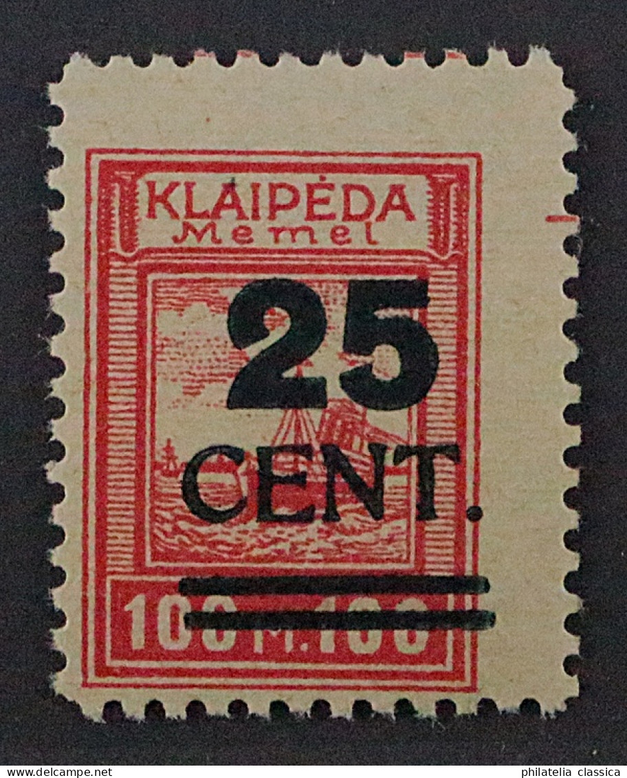 1923, MEMEL 235 II ** Grüner Aufdruck 25 C. Type II, Postfrisch, Geprüft 6000,-€ - Memel (Klaïpeda) 1923