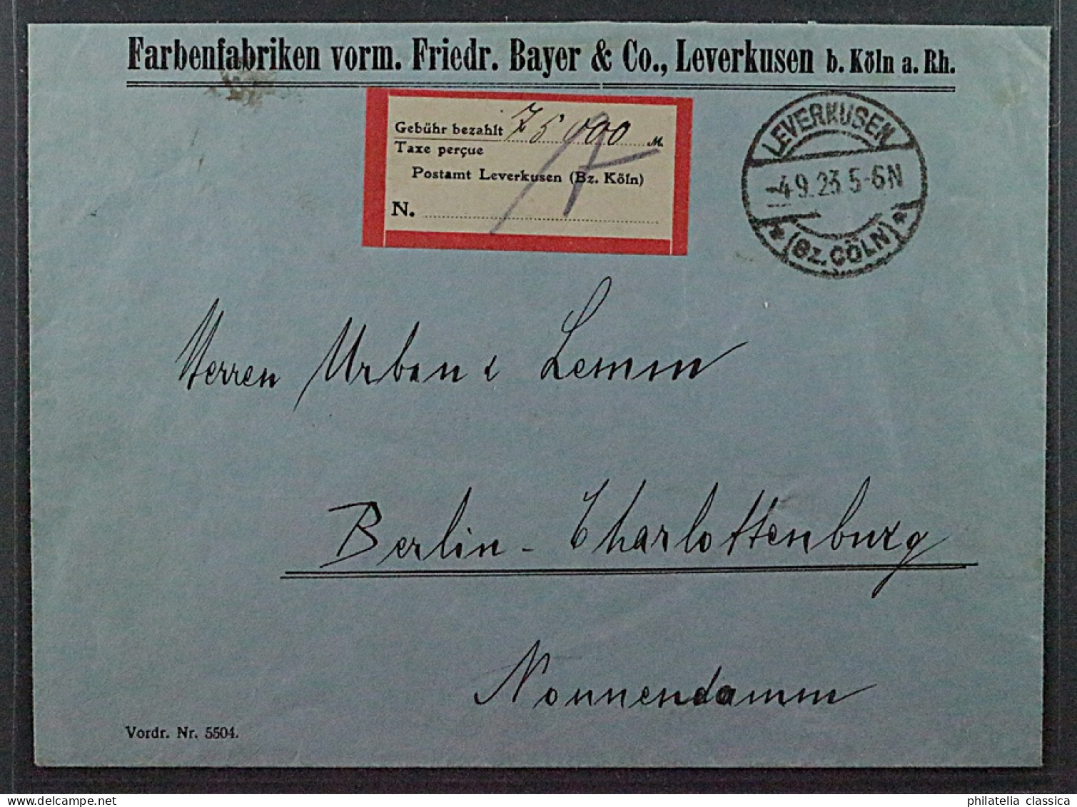 1923, Lokalausgabe LEVERKUSEN 1 A, Gebührenzettel Auf Brief, SELTEN, 250,-€ - 1922-1923 Lokale Uitgaves