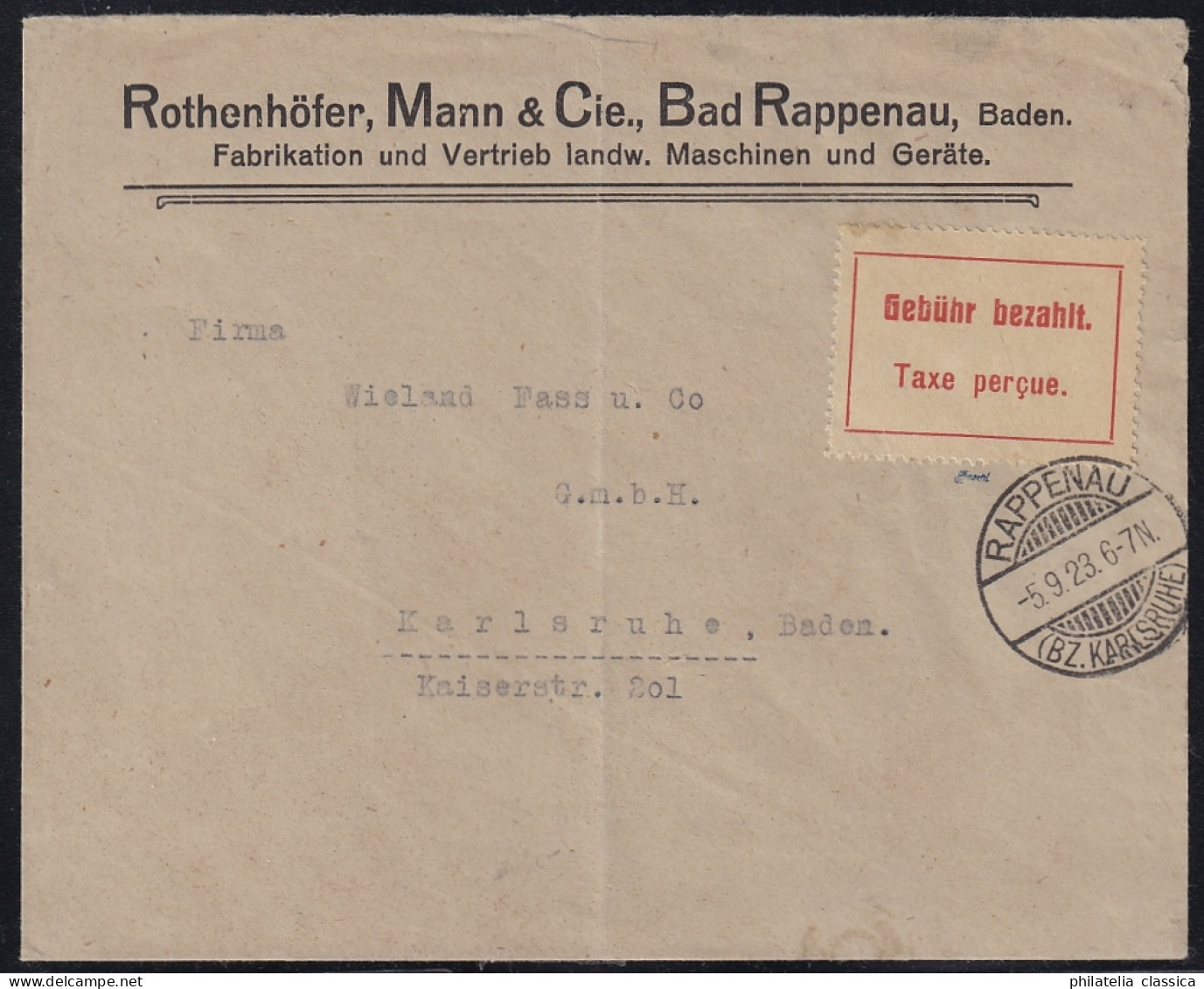 1923, KARLSRUHE OPD Gebührenzettel Type I Auf Sauberem Brief, Geprüft, 800,-€ - 1922-1923 Emissions Locales