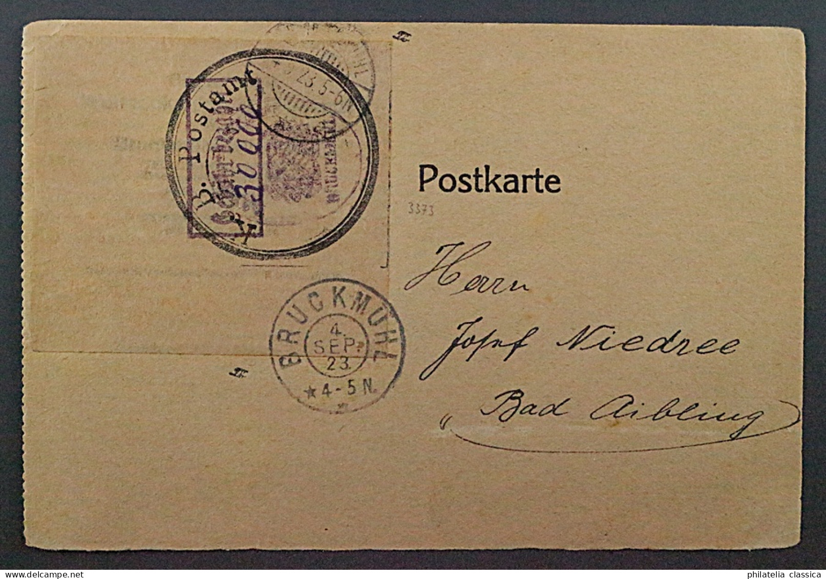 1923, BRUCKMÜHL 1, Postverschlußzettel 30.000 Mk. Auf Postkarte, SELTEN, 1000,-€ - 1922-1923 Local Issues