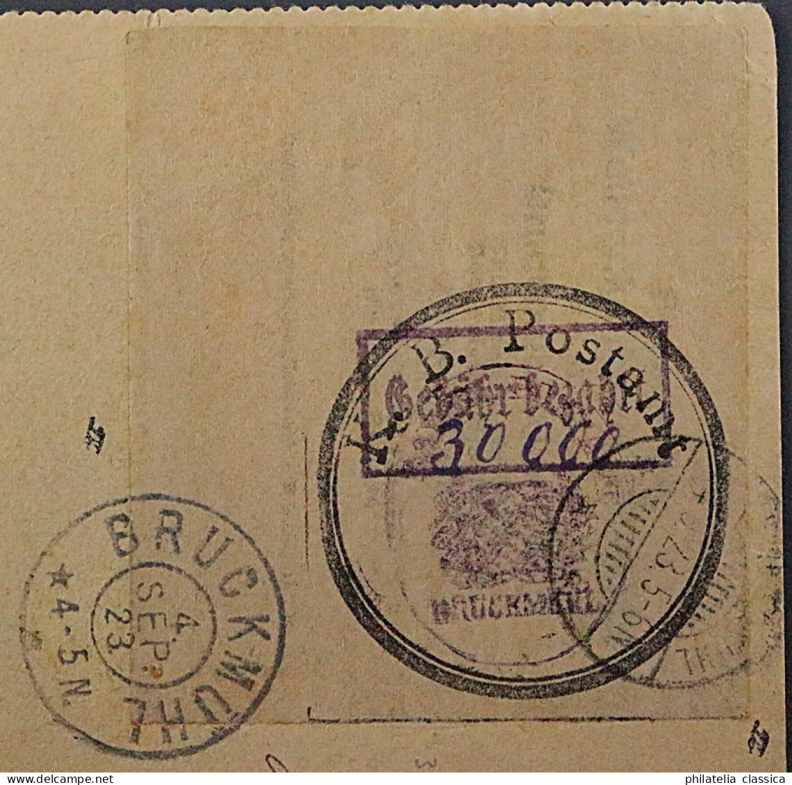 1923, BRUCKMÜHL 1, Postverschlußzettel 30.000 Mk. Auf Postkarte, SELTEN, 1000,-€ - 1922-1923 Emissions Locales