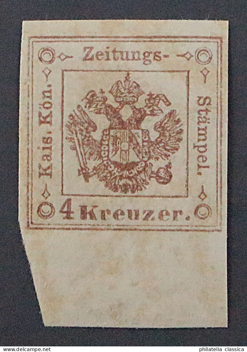 1858, ZEITUNGSSTEMPELMARKE 4 ** 4 Kr. Braun, Postfrisch, Geprüft, SELTEN 1000,-€ - Zeitungsmarken