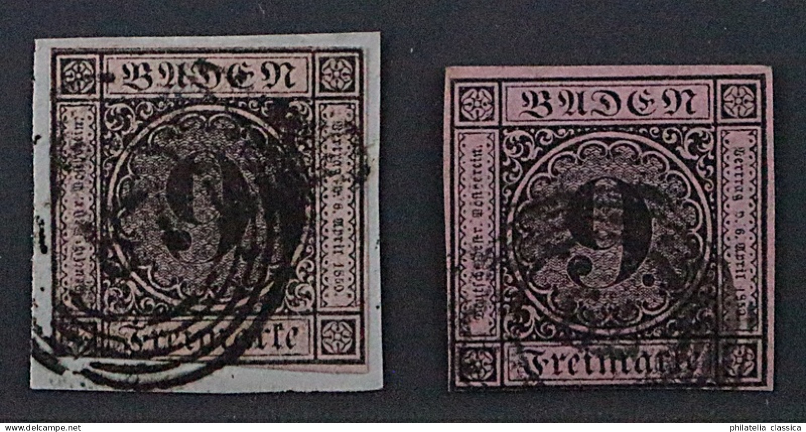 1851, BADEN 4 A + B, 9 Kr. Schwarz/altrosa + Lilarosa, Beide Farben Kpl. 235,-€ - Usati