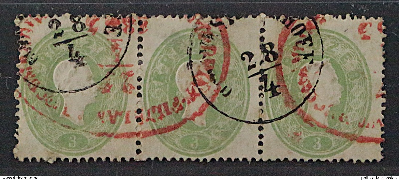 1861, ÖSTERREICH 19 DREIERSTREIFEN Stempel ROT + Schwarz, SELTEN, Geprüft 570,-€ - Oblitérés