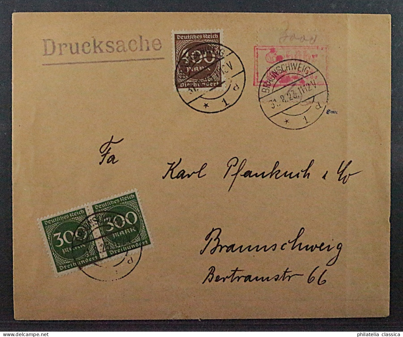 BRAUNSCHWEIG 2 A, Gebührenzettel + Freimarken Auf Drucksache, Fotoattest 500,-€ - 1922-1923 Local Issues