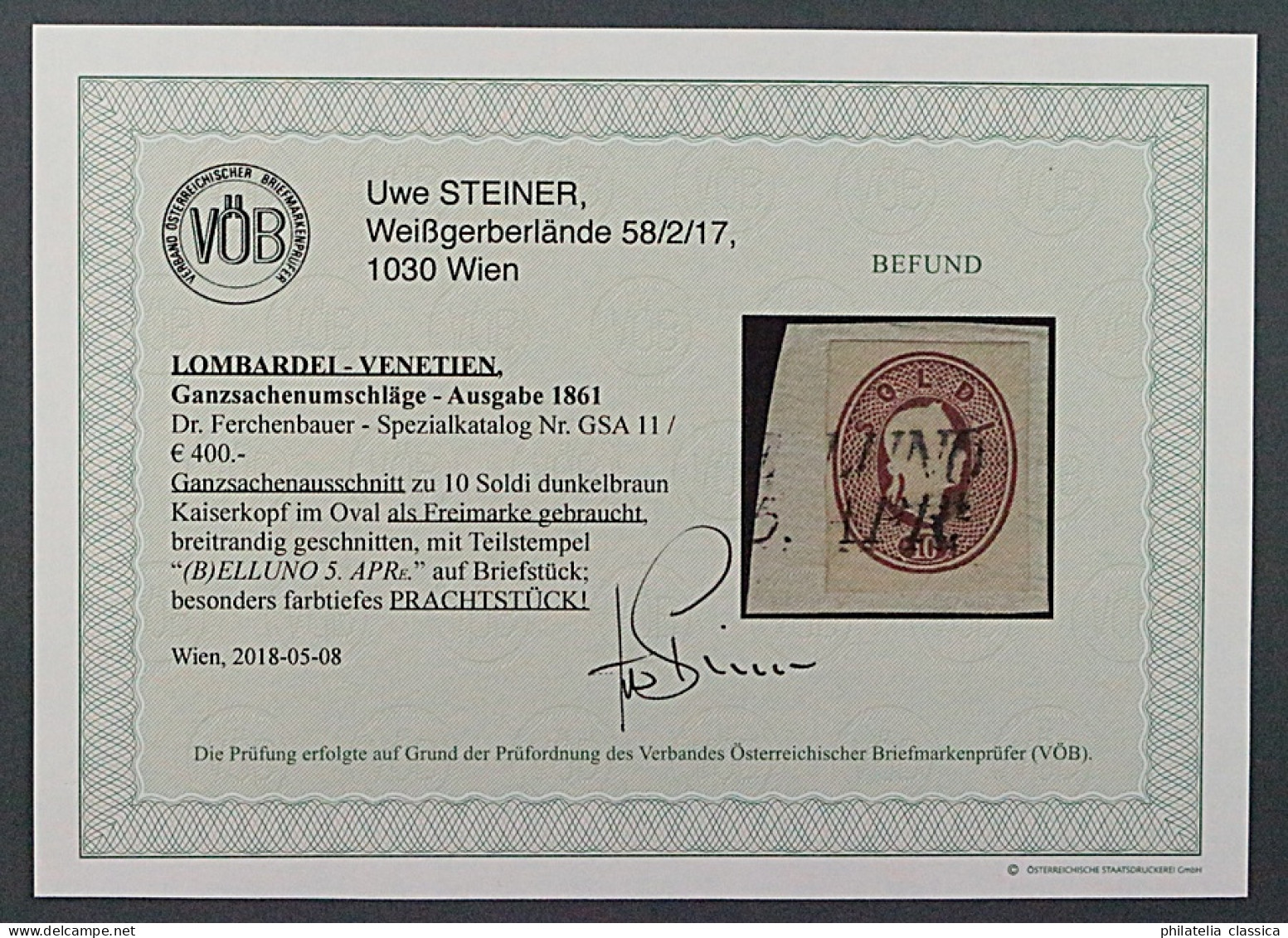 Lombardei 1861, Kuvertausschnitt 10 So. Auf Briefstück, Fotobefund KW 600,- € - Lombardy-Venetia