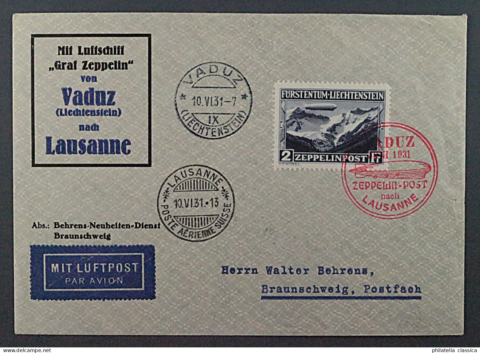 1931, LIECHTENSTEIN 114 Karte Zeppelin 2 Fr. Auf Zeppelin-Brief Vom Flug 500,-€ - Storia Postale