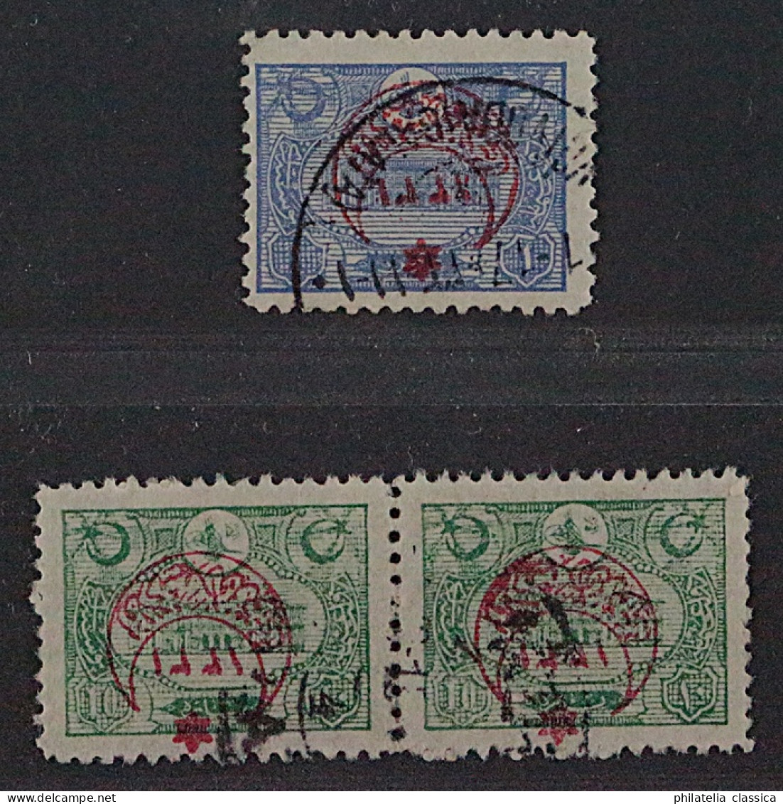 1915, TÜRKEI 345-46 K, 10 Pa. PAAR + 1 Pia. Hauptpost, Aufdruck KOPFSTEHEND - Gebruikt