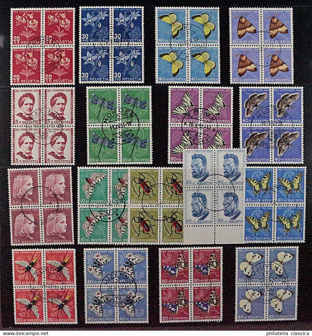 SCHWEIZ VIERERBLOCKS Juventute Ex 1944/56 (SBK 111-67) ZentrumStempel, 370,-SFr - Used Stamps