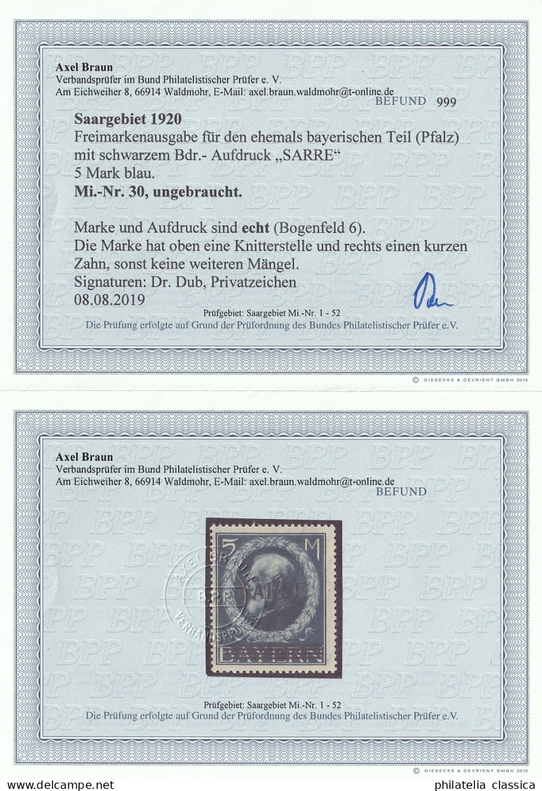 SAAR  30 * Bayern/Sarre 5 Mk. Gesuchter Spitzenwert, Fotobefund BPP, KW 1000,- € - Unused Stamps
