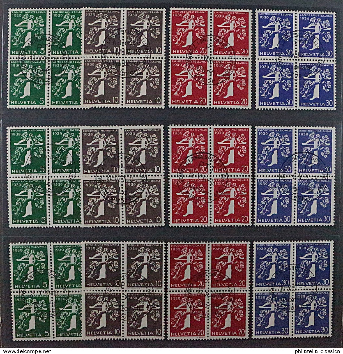 1939, SCHWEIZ  Viererblock (SBK 228-39) 12 Werte Kpl Zentrum-Stempel, 520,-€ - Oblitérés
