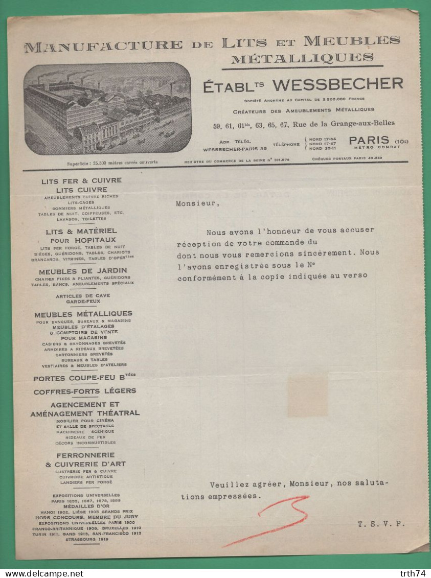 75 Paris Wessbecher Manufacture De Lits Et Meubles Lits Fer Et Cuivre Pour Hôpitaux Coffres Forts Mobilier Cinéma 1932 - Old Professions