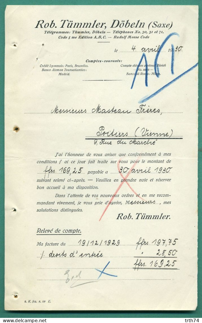 Allemagne Döbeln Saxe Rob Tümmler Adressée A Masteau 86 Poitiers Le 4 Avril 1930 - Sonstige & Ohne Zuordnung