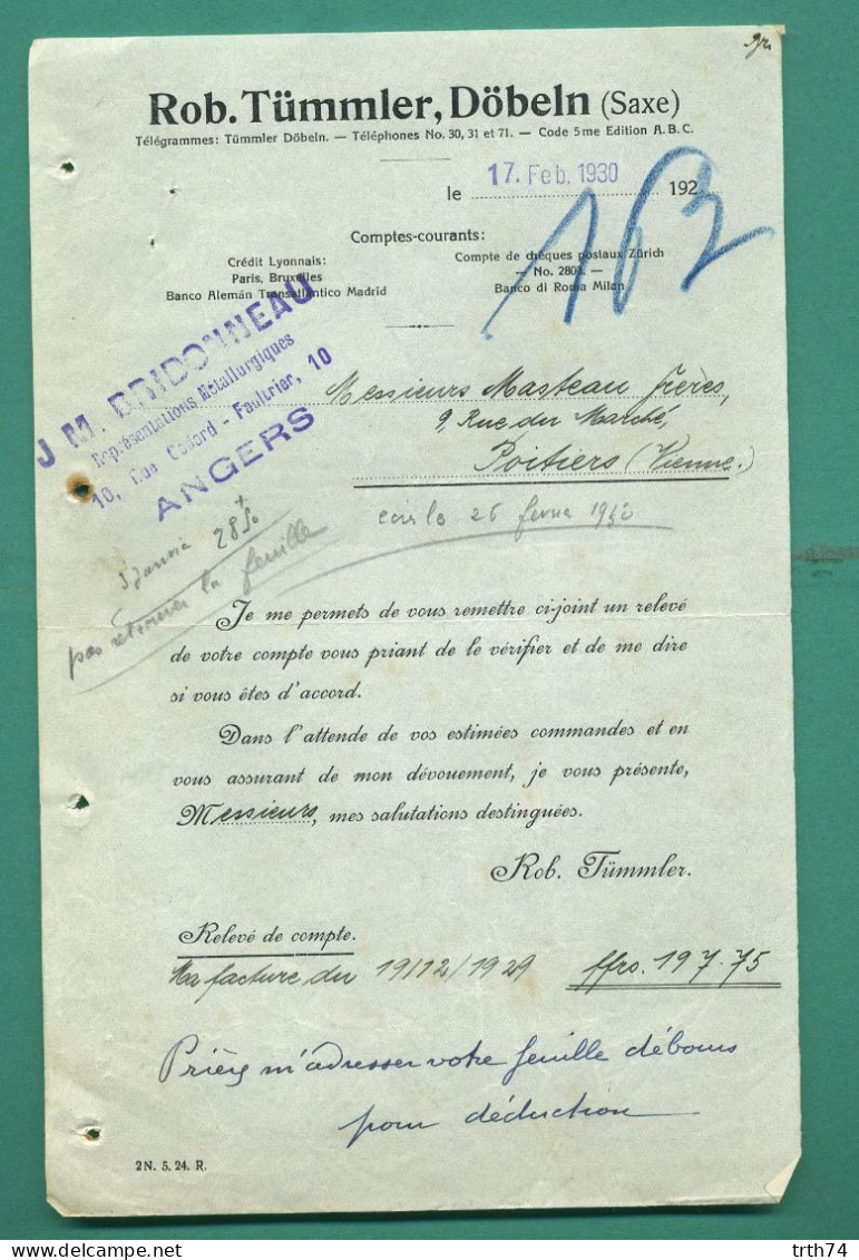 Allemagne Döbeln Saxe Rob Tümmler 49 Angers Bridonneau Métallurgie Adressée A Masteau 86 Poitiers Le 17 Février 1930 - Autres & Non Classés